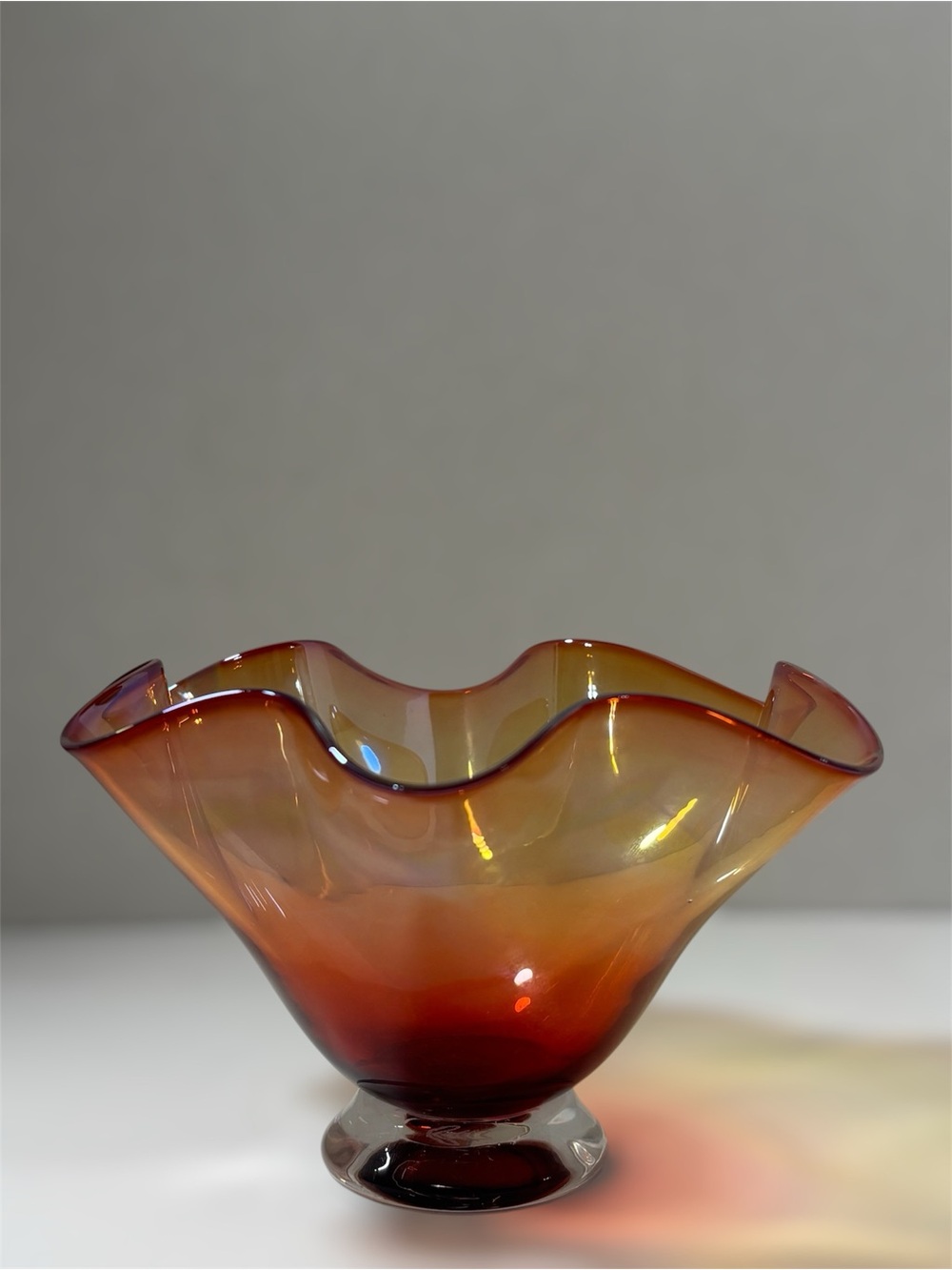 Iridescent Fluted Dottie Boscamp Hand-Blown Glass  Bowl — Amber-Orange